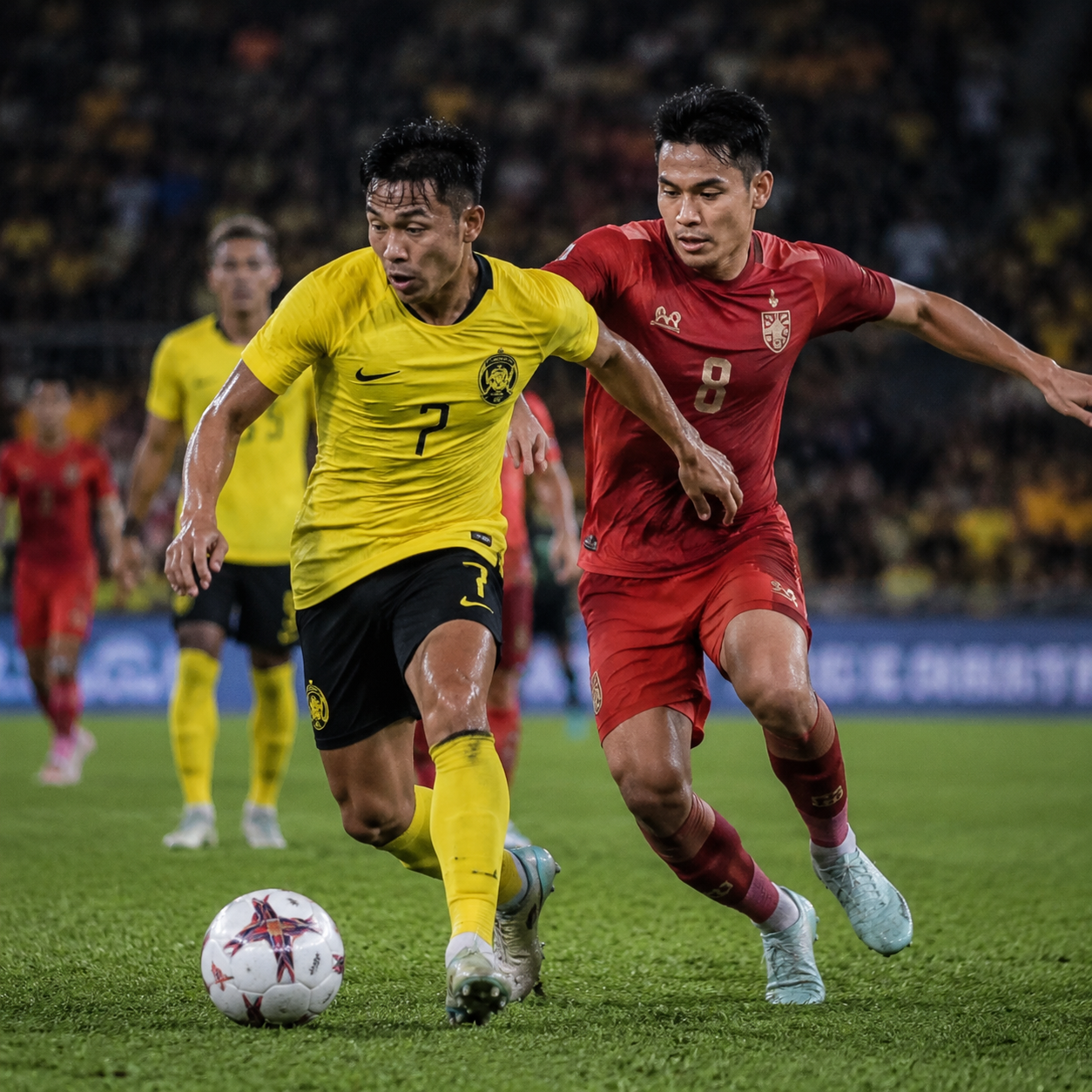 Football players in yellow jerseys competing in night match at Southeast Asian stadium, stadium lighting