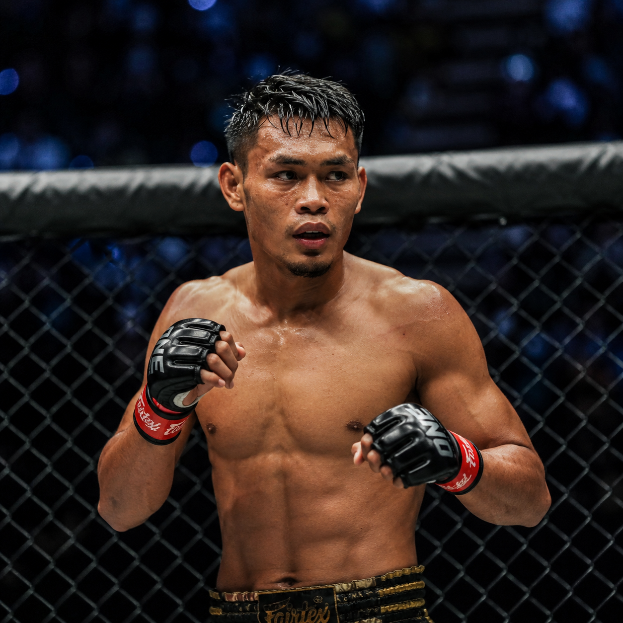 MMA fighter entering the cage at a ONE Championship event, crowd in background
