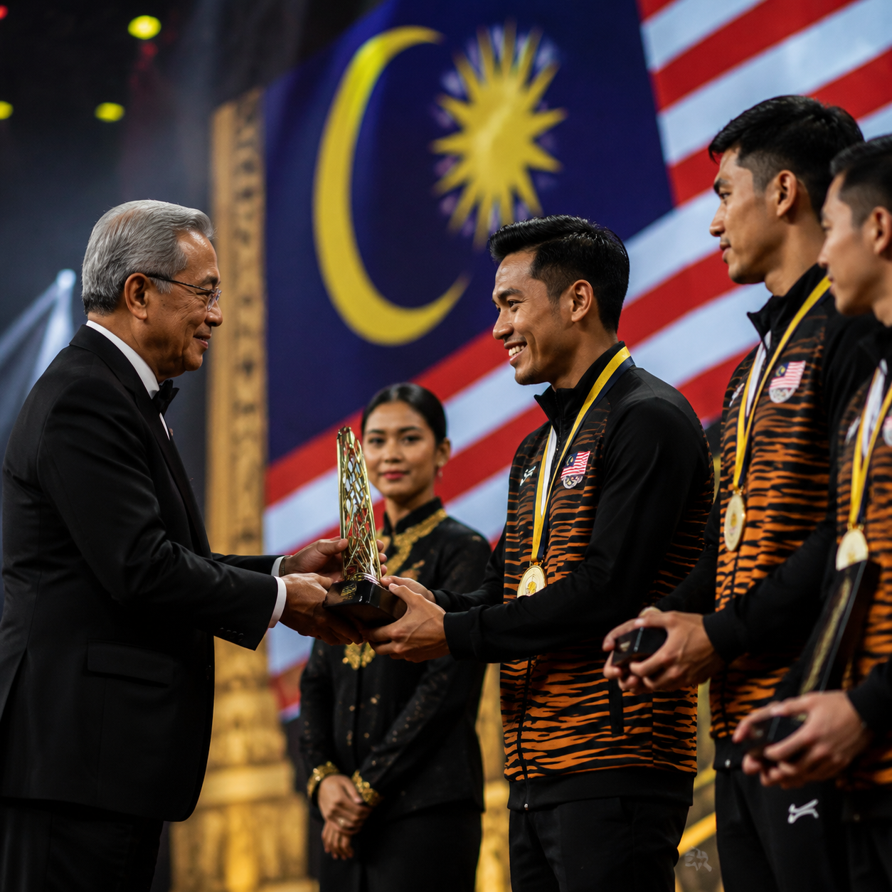 Malaysian national sports awards ceremony, athletes on stage receiving awards, formal event hall with Malaysian flag backdrop