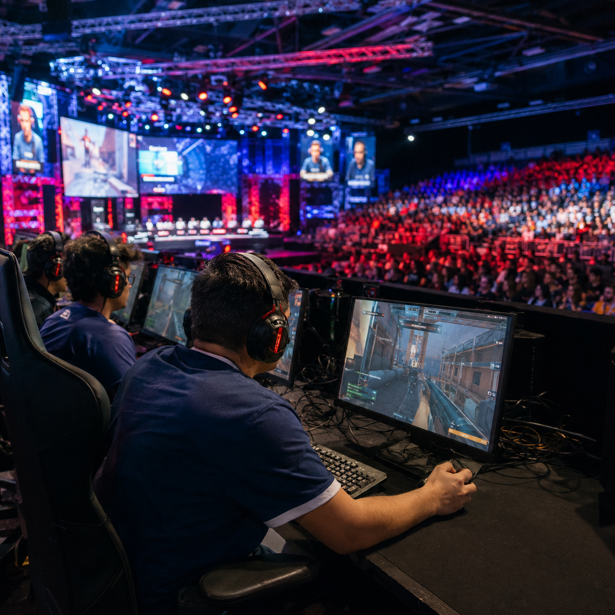 Esports players celebrating victory at Commonwealth games event with Malaysian flag