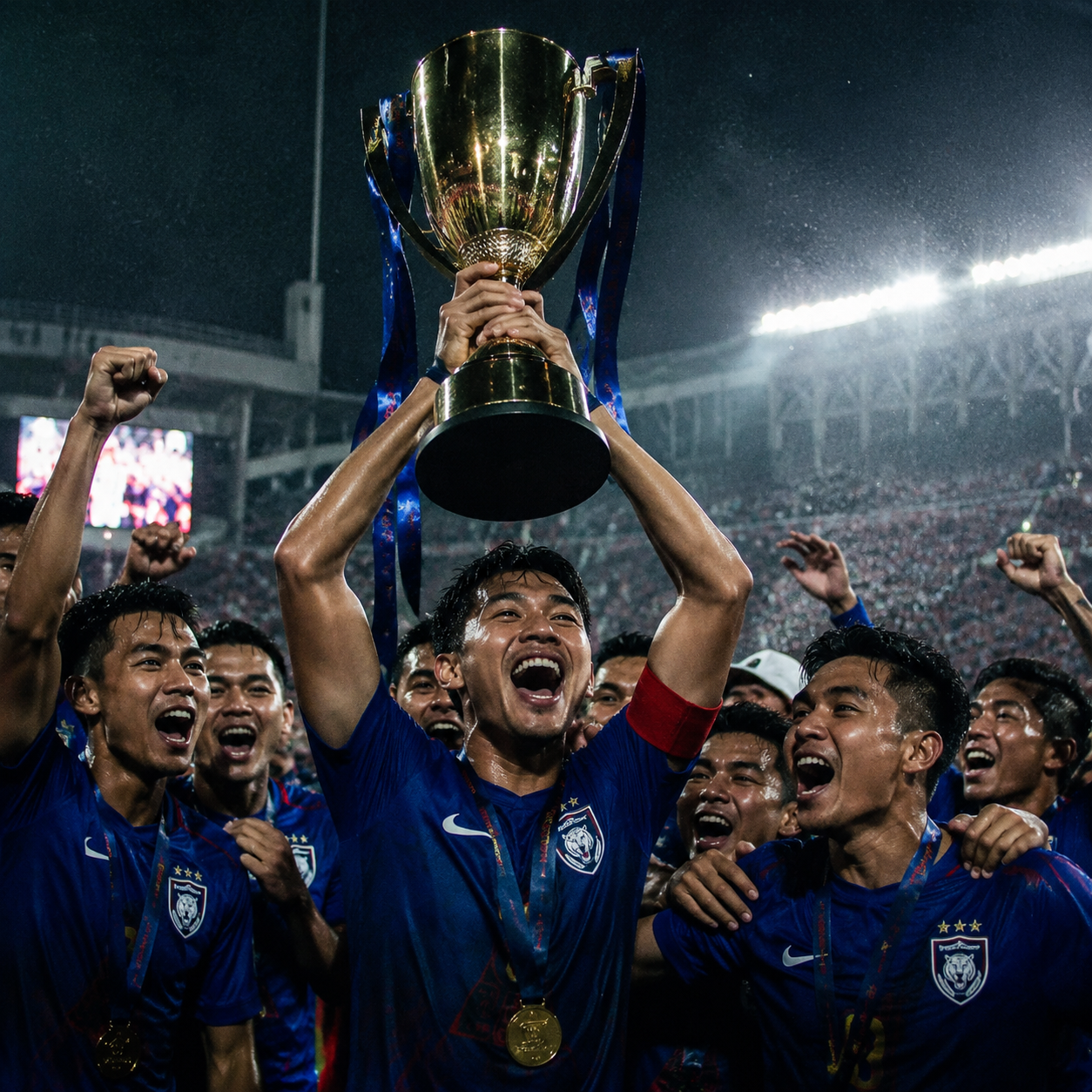Football team celebrating league championship with trophy on pitch at night, stadium floodlights, Southeast Asian stadium