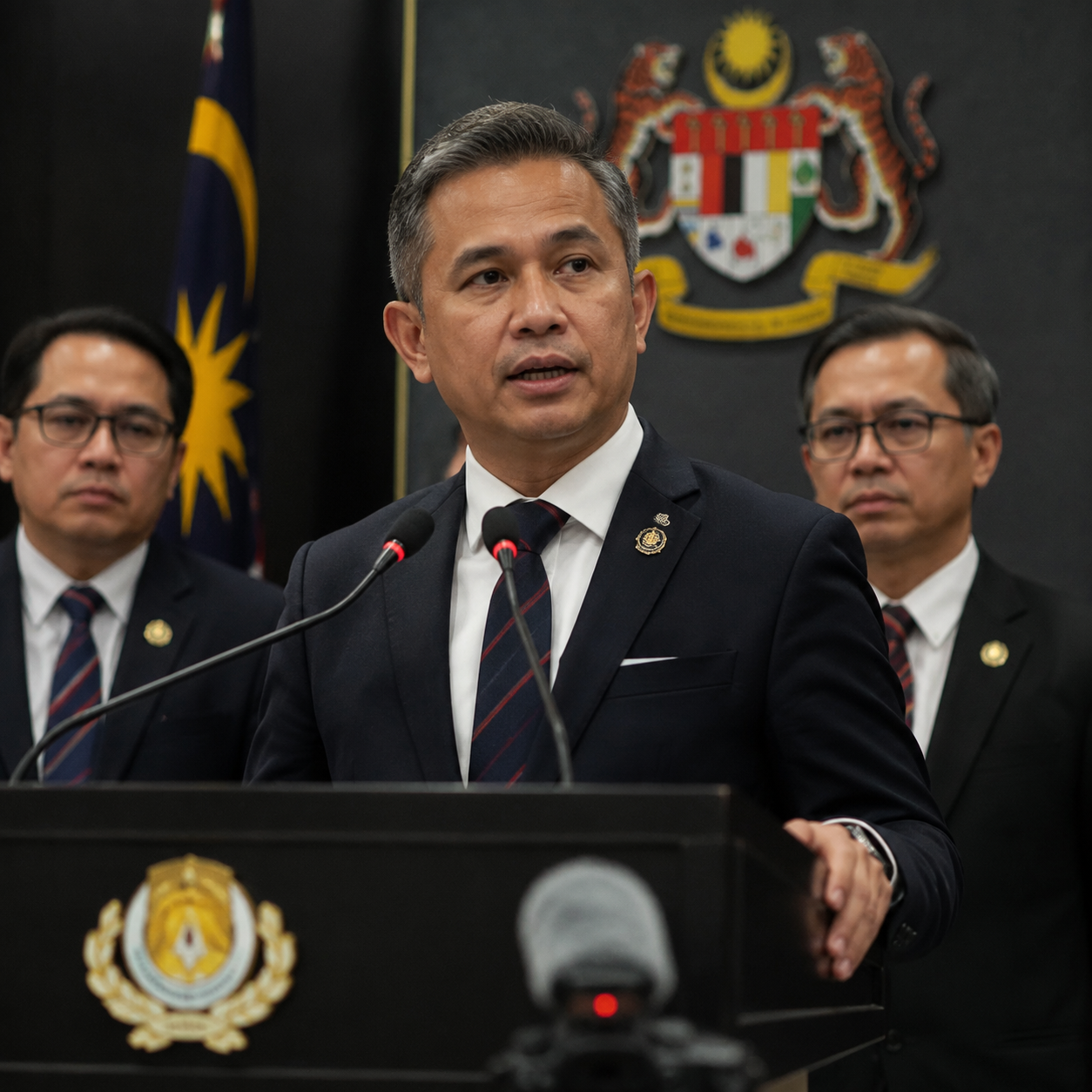 Malaysian government official at formal press conference podium, government building interior, formal announcement setting