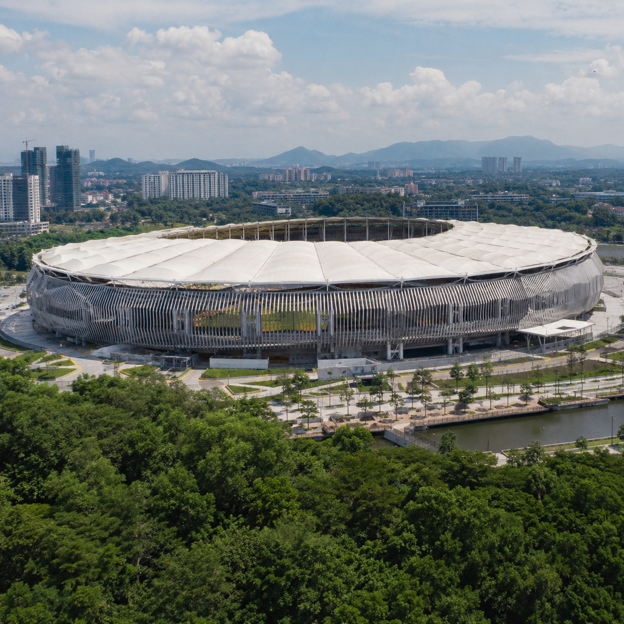 Bukit Jalil National Stadium exterior, large Malaysian national stadium, tropical surroundings, blue sky