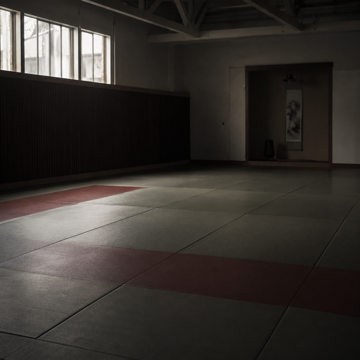 Empty martial arts gym with locked doors and padded floor, natural light through window