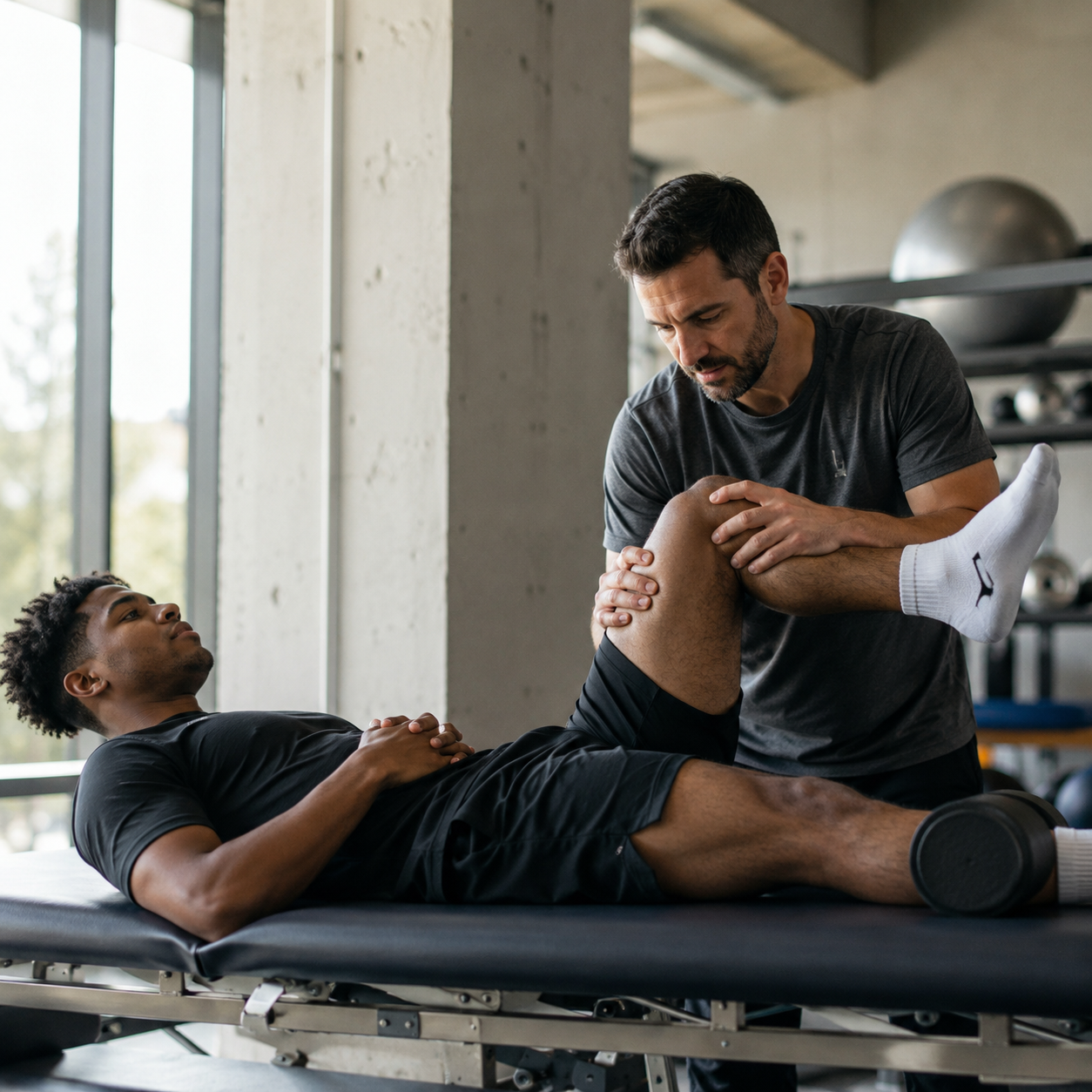 Athlete in physiotherapy session, sports rehabilitation, indoor clinic setting, natural light, realistic film grain editorial