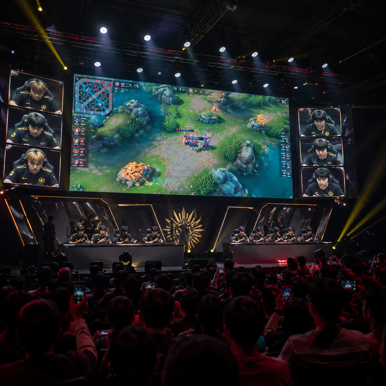 MLBB Mobile Legends esports tournament stage with large LED screens and team competition setup