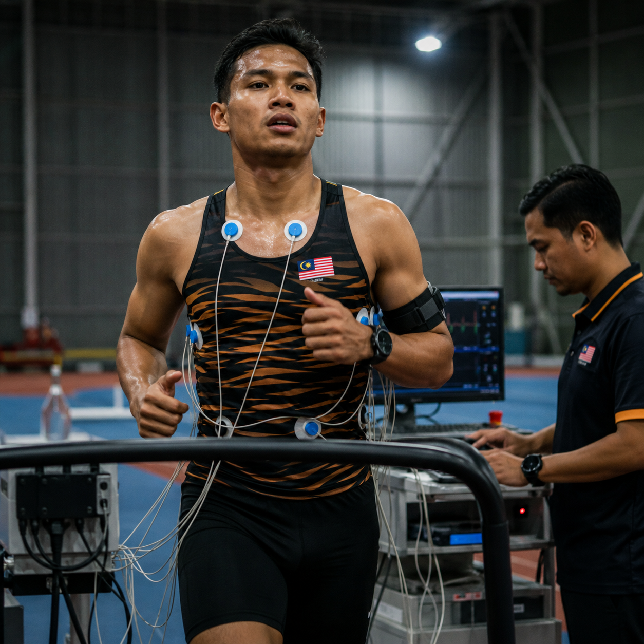 Malaysian Olympic athlete in sports science testing session, physiologist with monitoring equipment, indoor sports facility