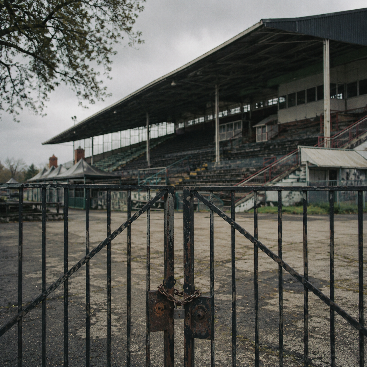 Empty grandstand of historic horse racing venue, locked gates, faded signage, tropical afternoon light