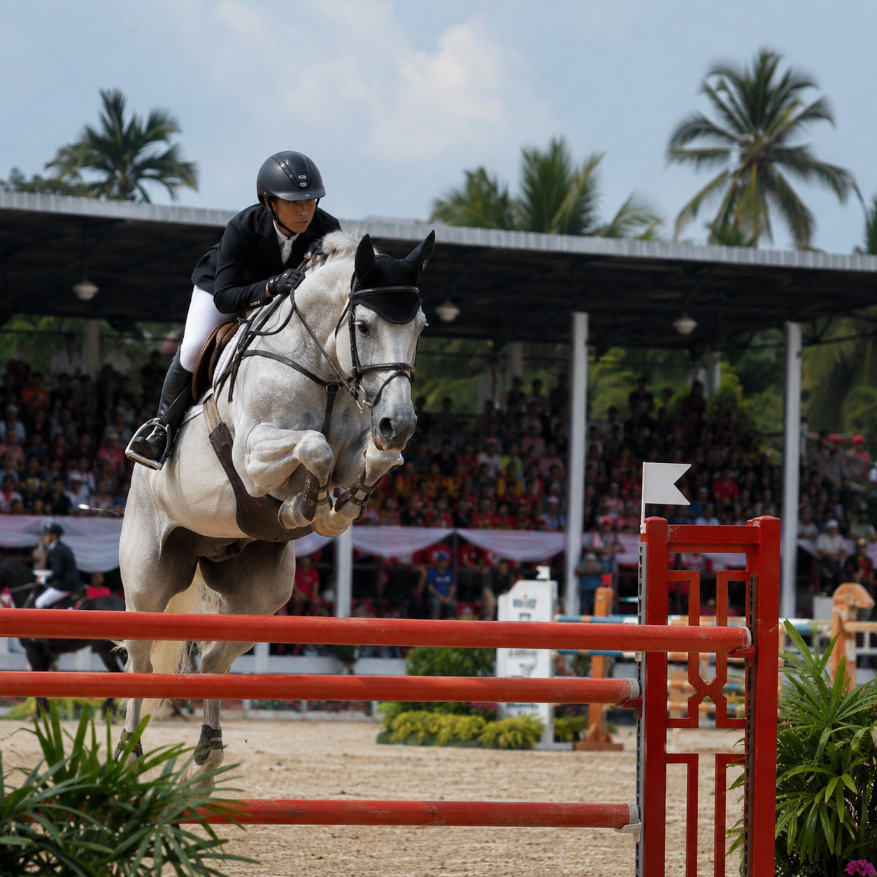 Equestrian show jumping competition, horse and rider clearing fence in arena, Southeast Asian Games venue, crowd watching