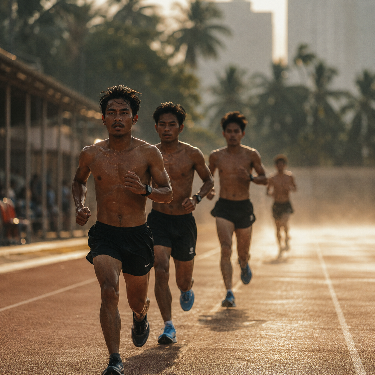 Athletes training in extreme heat outdoors in Southeast Asia, runners on track, heat haze visible, tropical sun, editorial