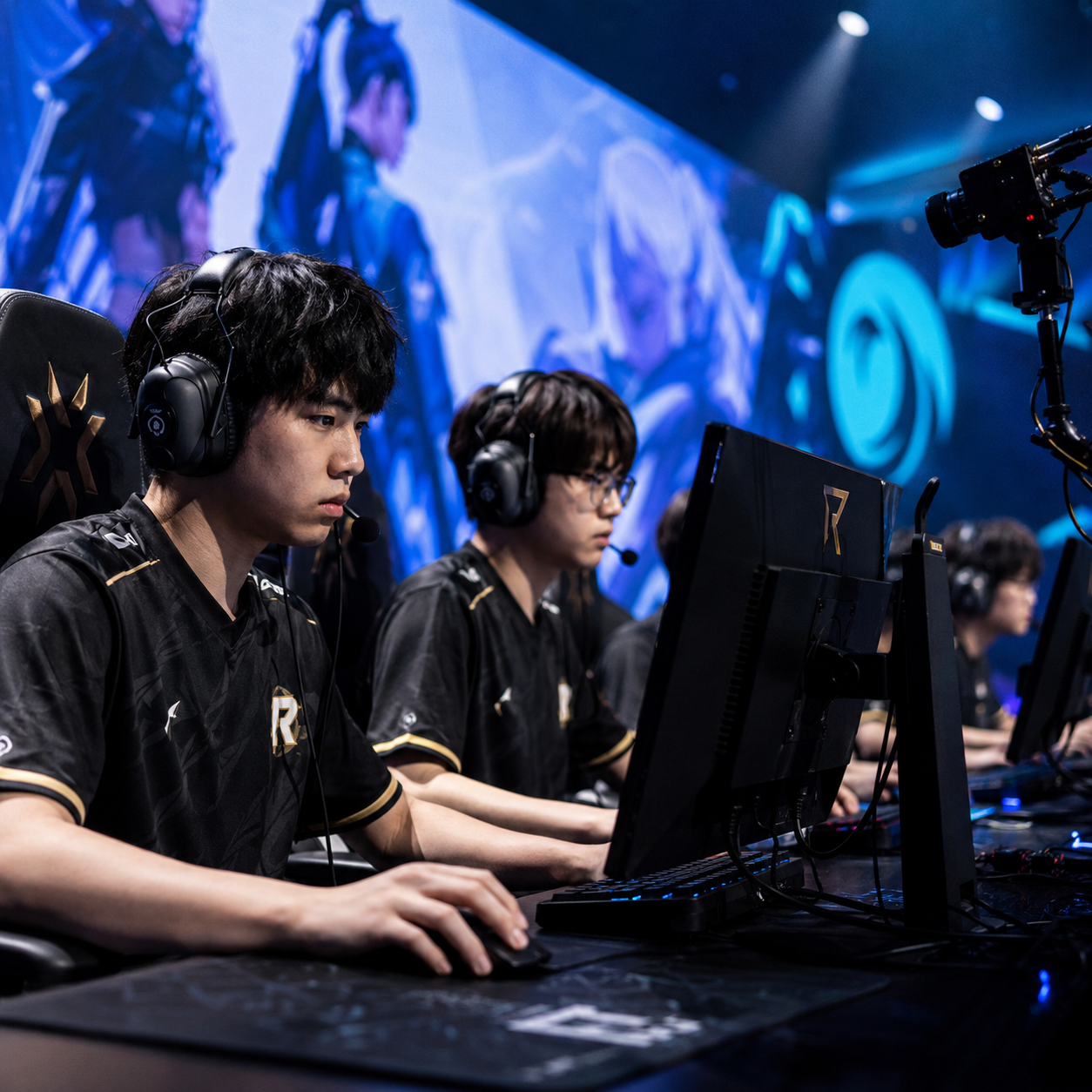 VALORANT esports players competing on stage at Pacific league event with large LED displays